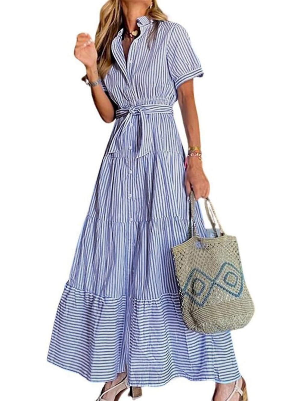 Casual Short Sleeve Button Down Tie Waist Ruffled Striped Maxi Dress for Women